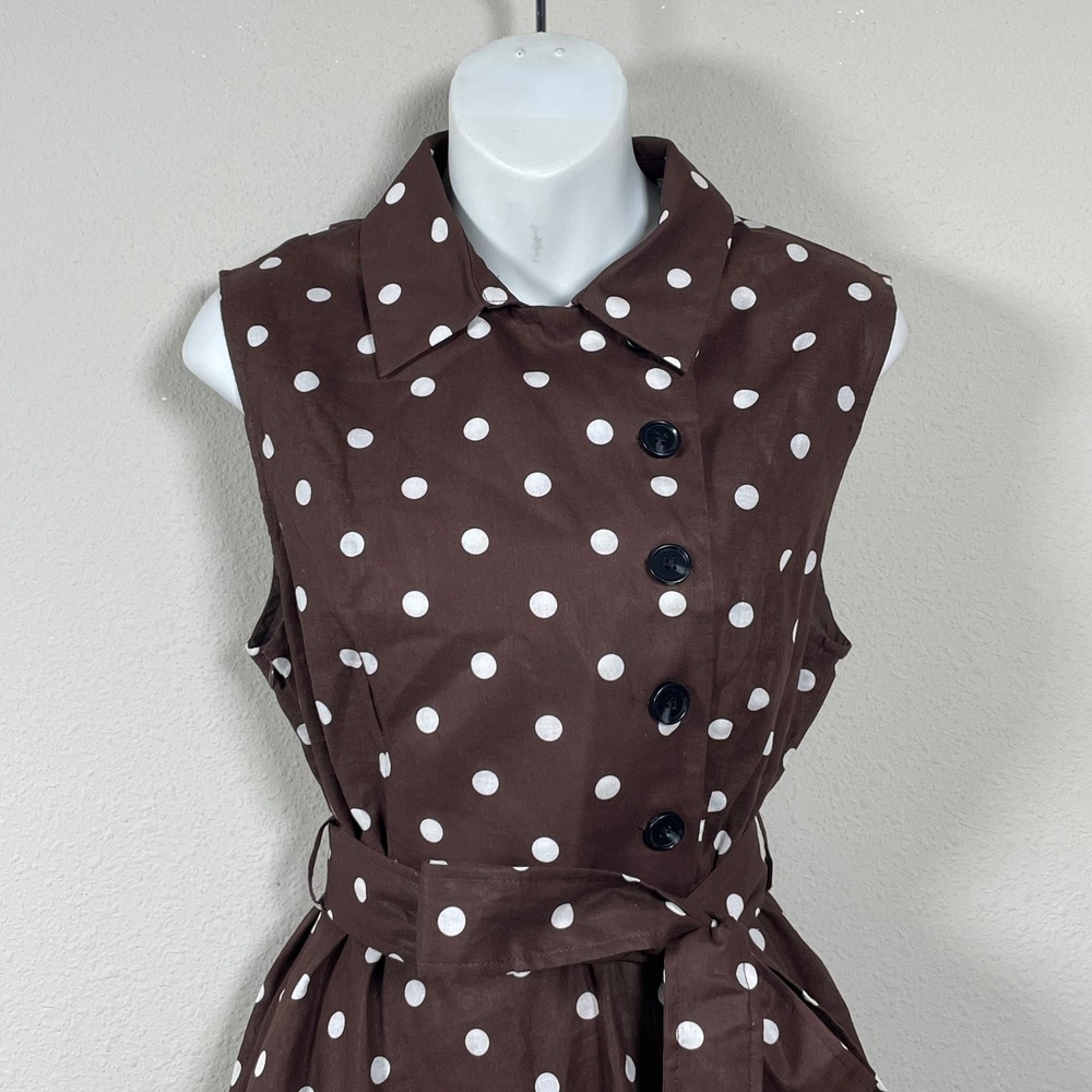 Linen Vibes Polka Dot Midi Dress Women M Brown Rockabilly Feminine Sleeveless - Picture 4 of 11